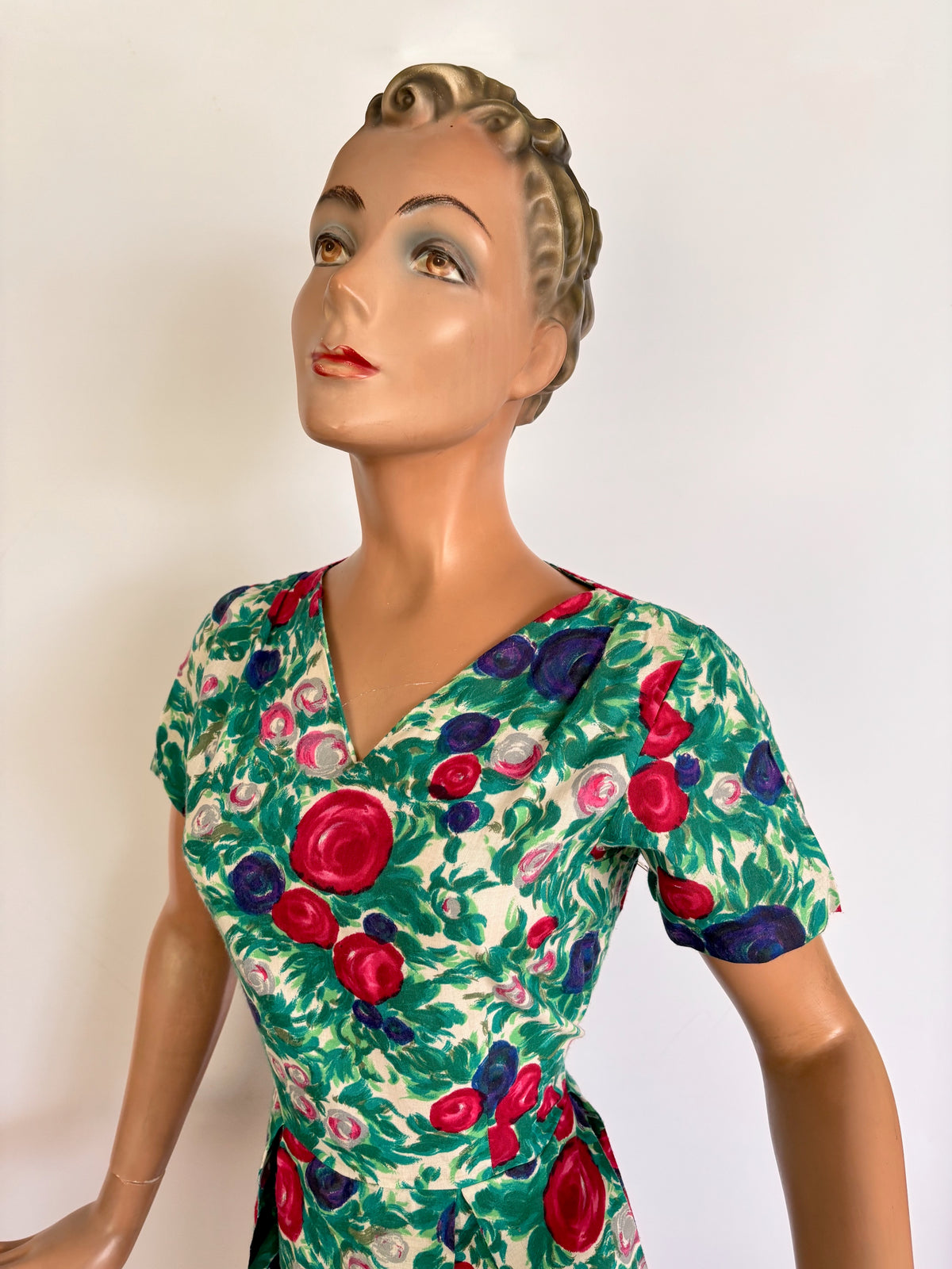 L | 1950s Floral Rose Print Wool Dress