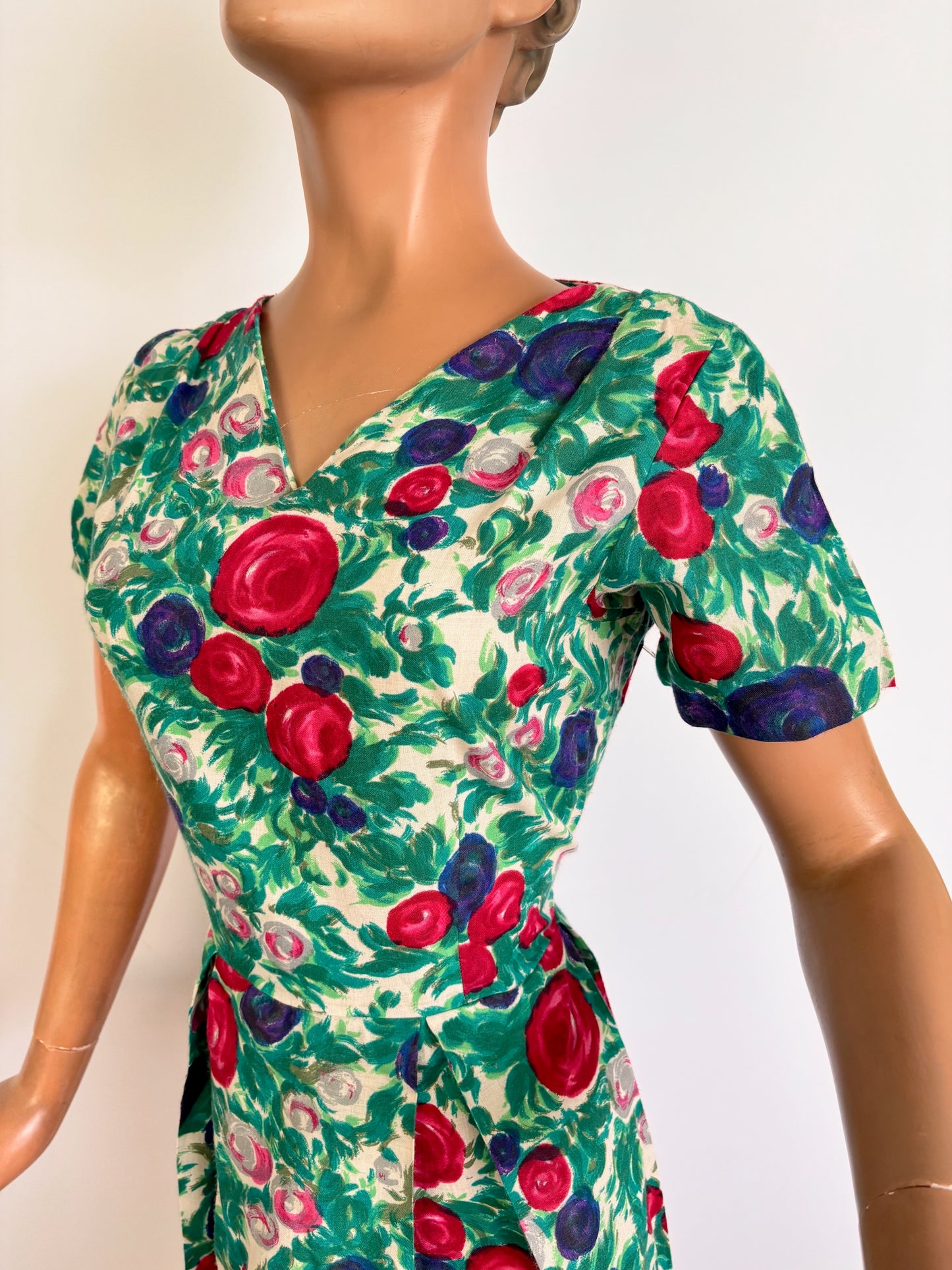 L | 1950s Floral Rose Print Wool Dress