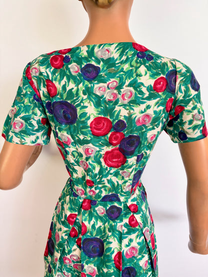 L | 1950s Floral Rose Print Wool Dress
