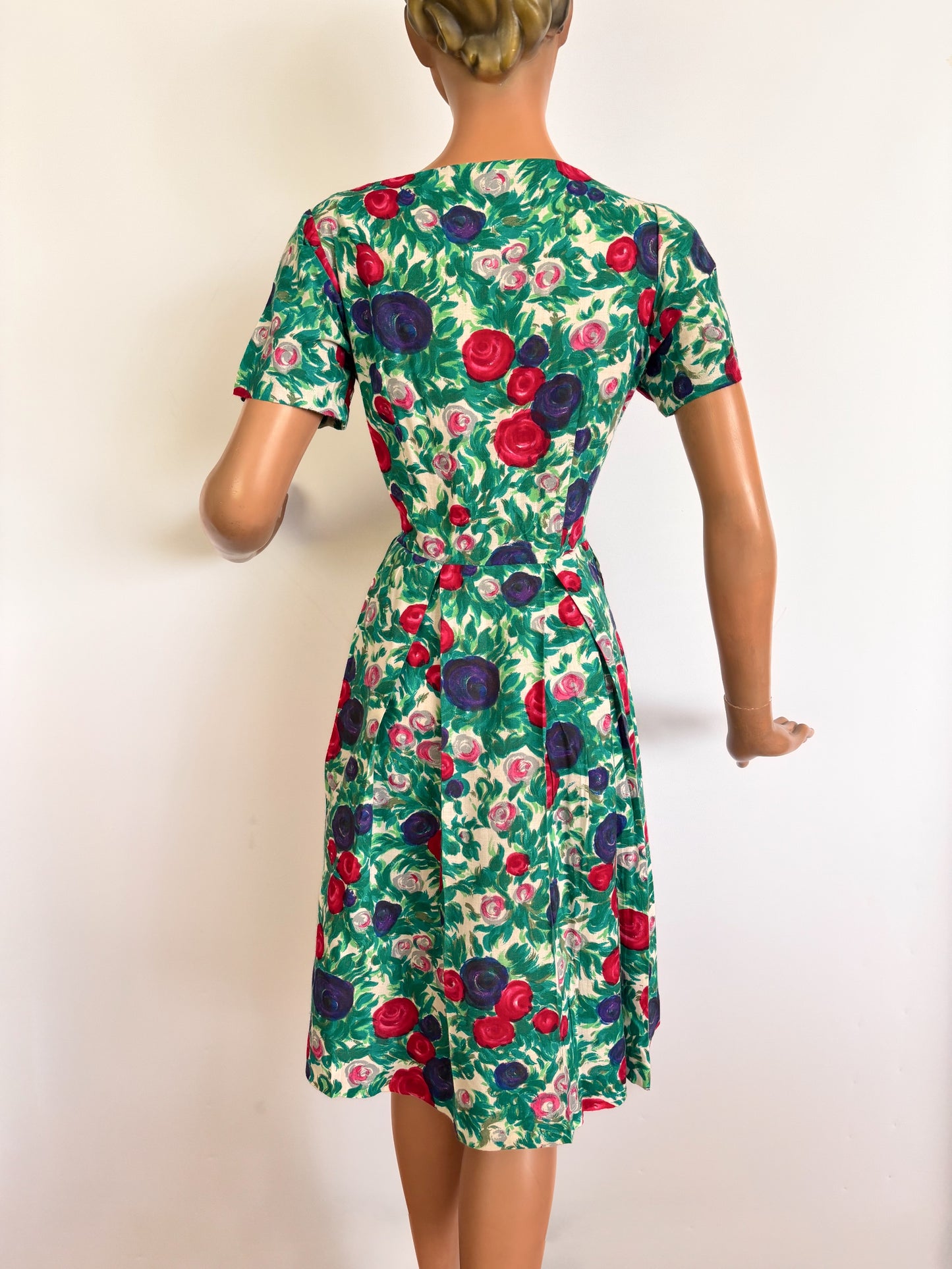 L | 1950s Floral Rose Print Wool Dress