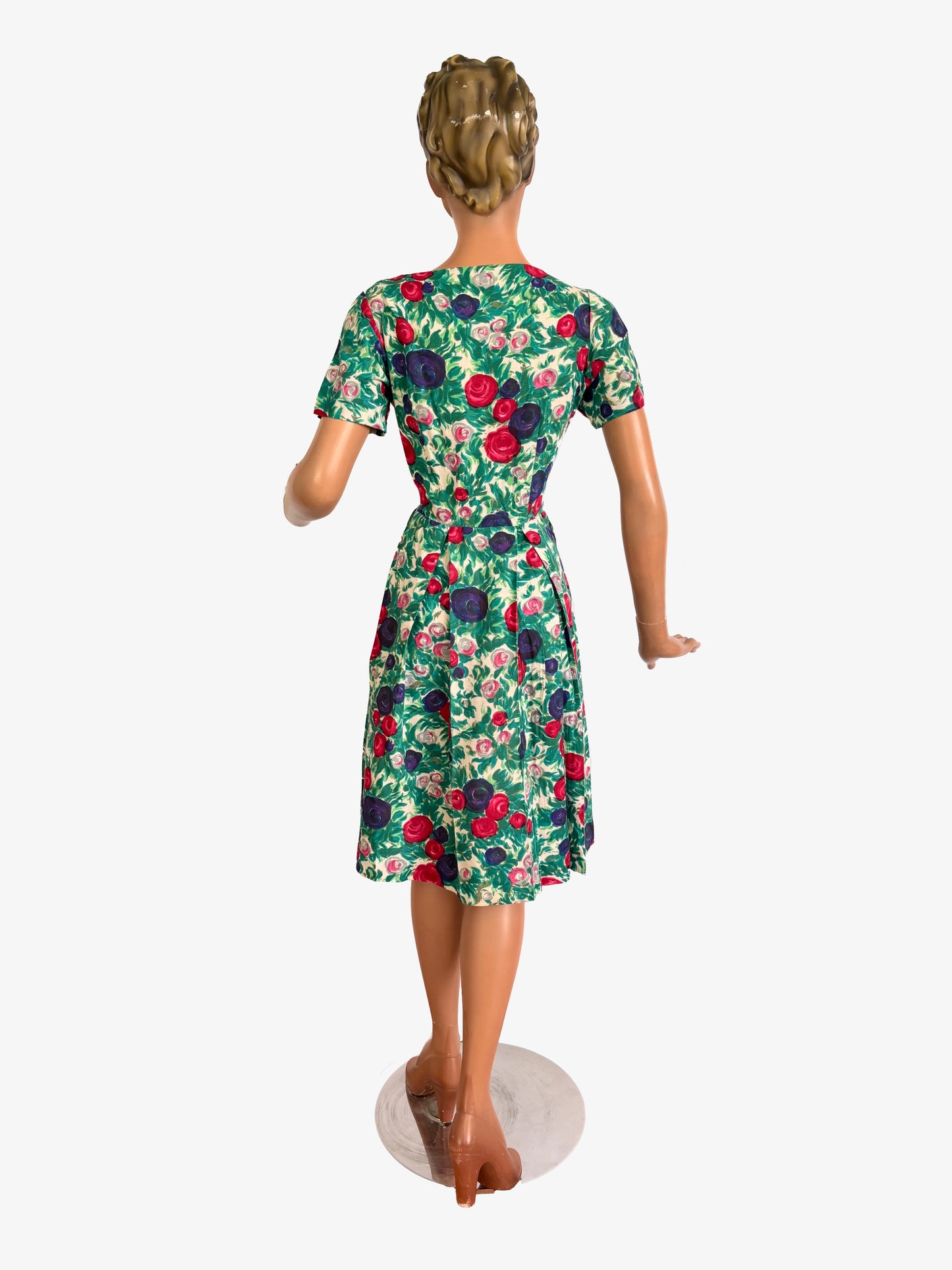 L | 1950s Floral Rose Print Wool Dress