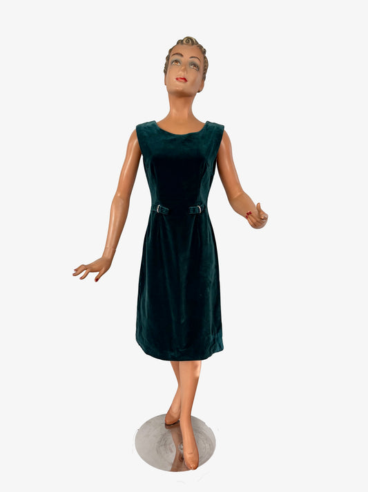 S | 1950s / Early 1960s Emerald Cotton Velour Dress by Gerzon Rotterdam