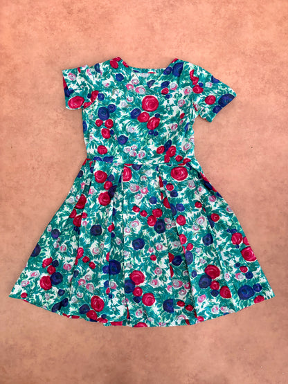 L | 1950s Floral Rose Print Wool Dress
