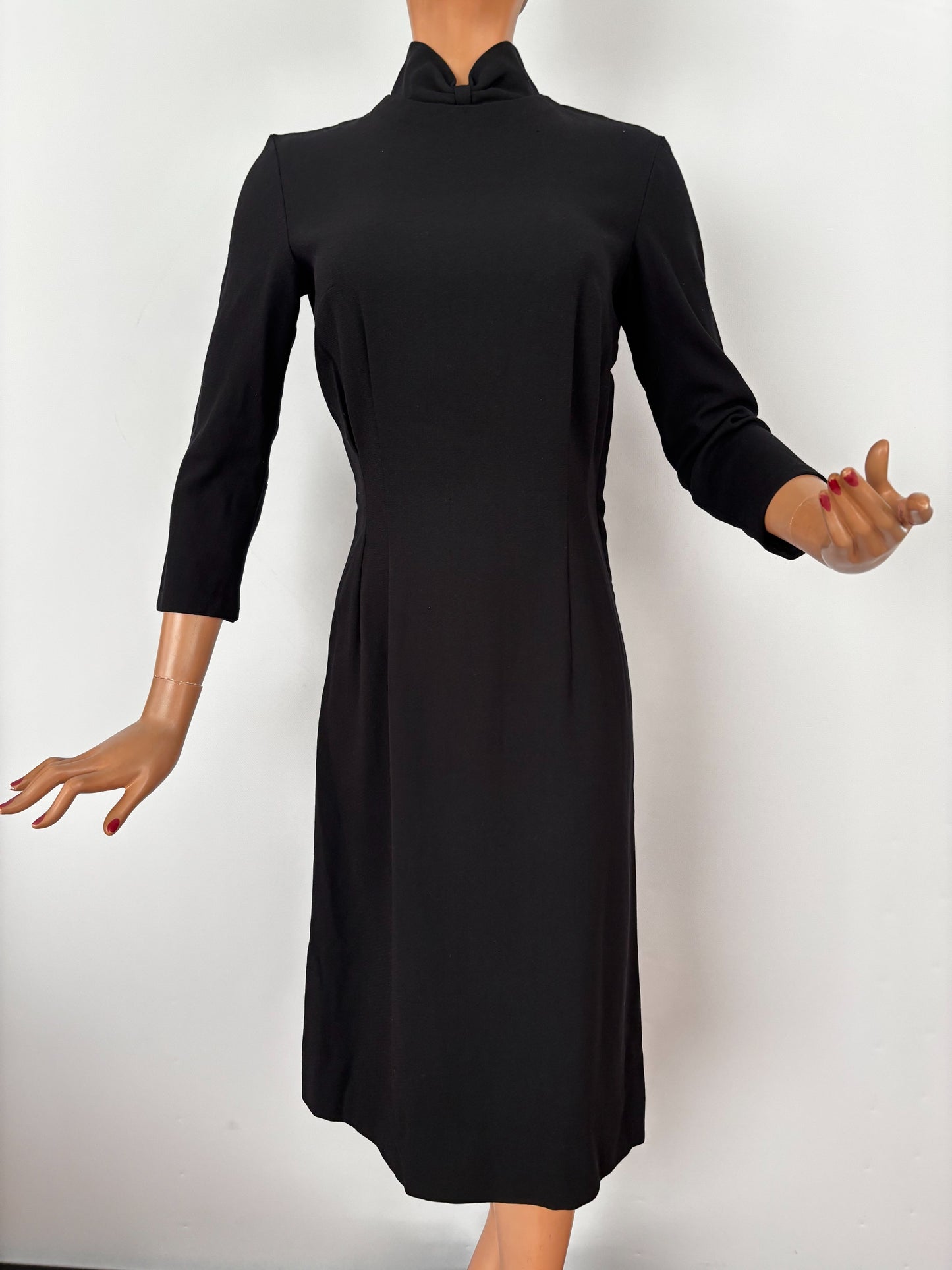 S | 1960s Black Wool Sheath Dress With Stand Collar