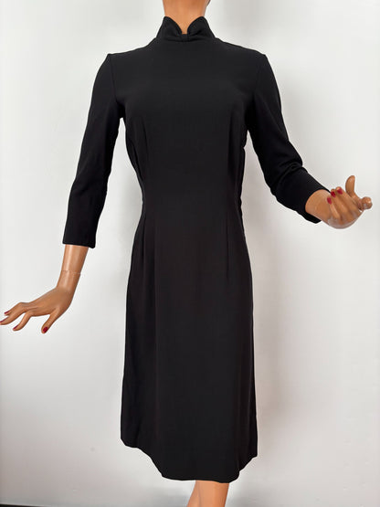 S | 1960s Black Wool Sheath Dress With Stand Collar