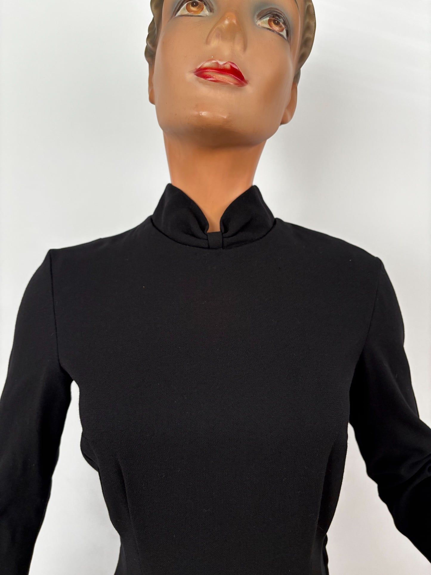 S | 1960s Black Wool Sheath Dress With Stand Collar