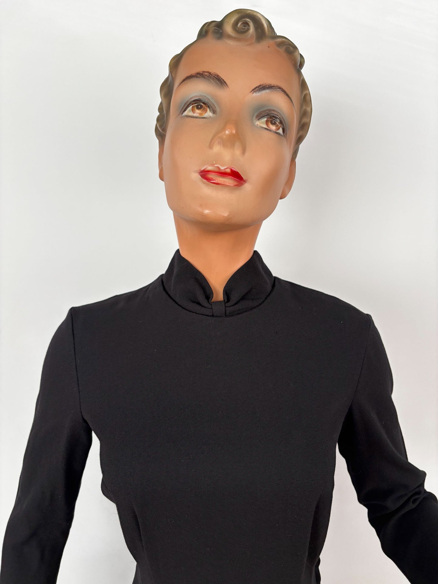 S | 1960s Black Wool Sheath Dress With Stand Collar