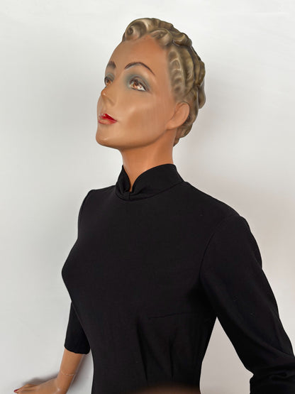 S | 1960s Black Wool Sheath Dress With Stand Collar