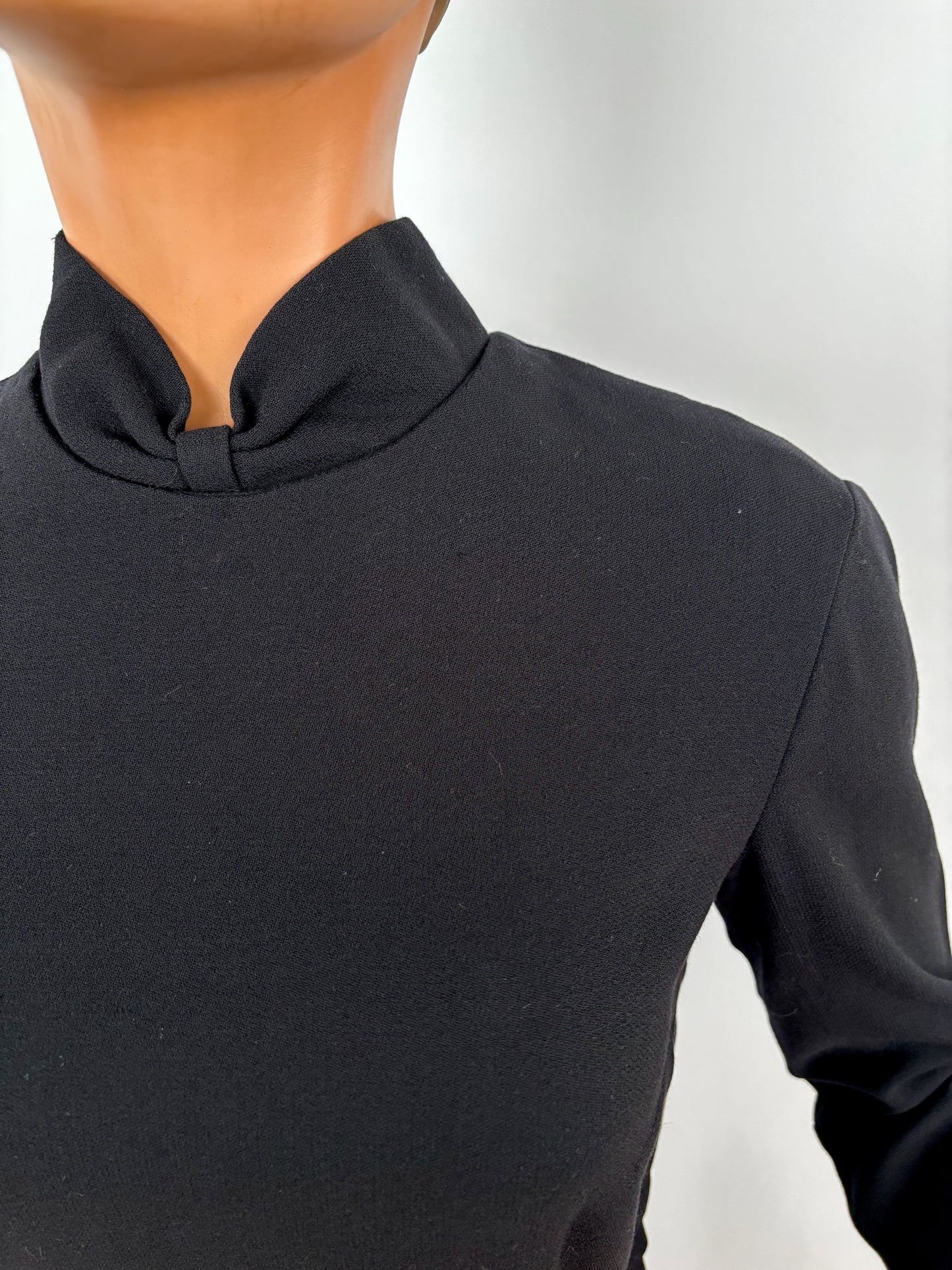 S | 1960s Black Wool Sheath Dress With Stand Collar