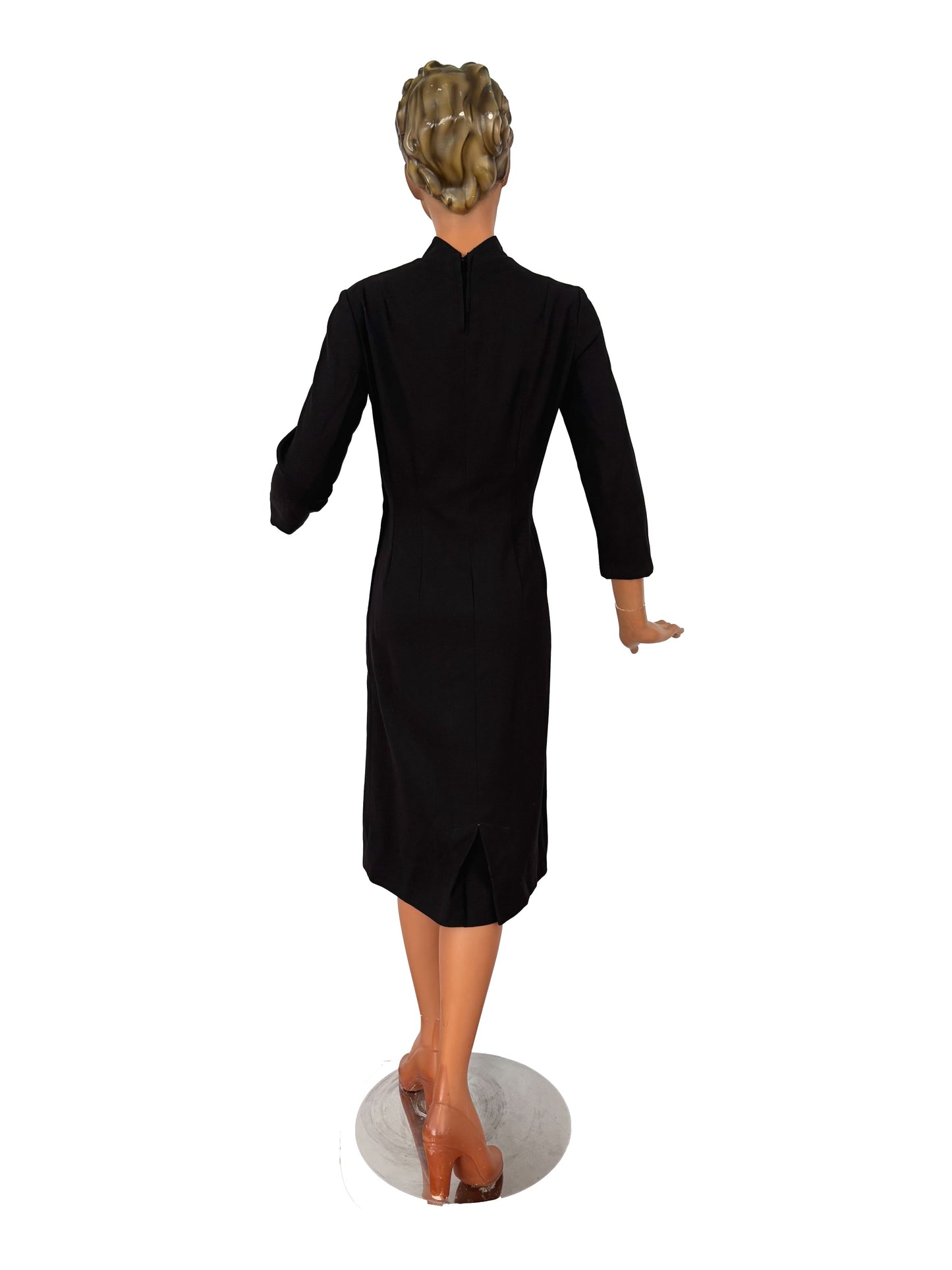 S | 1960s Black Wool Sheath Dress With Stand Collar