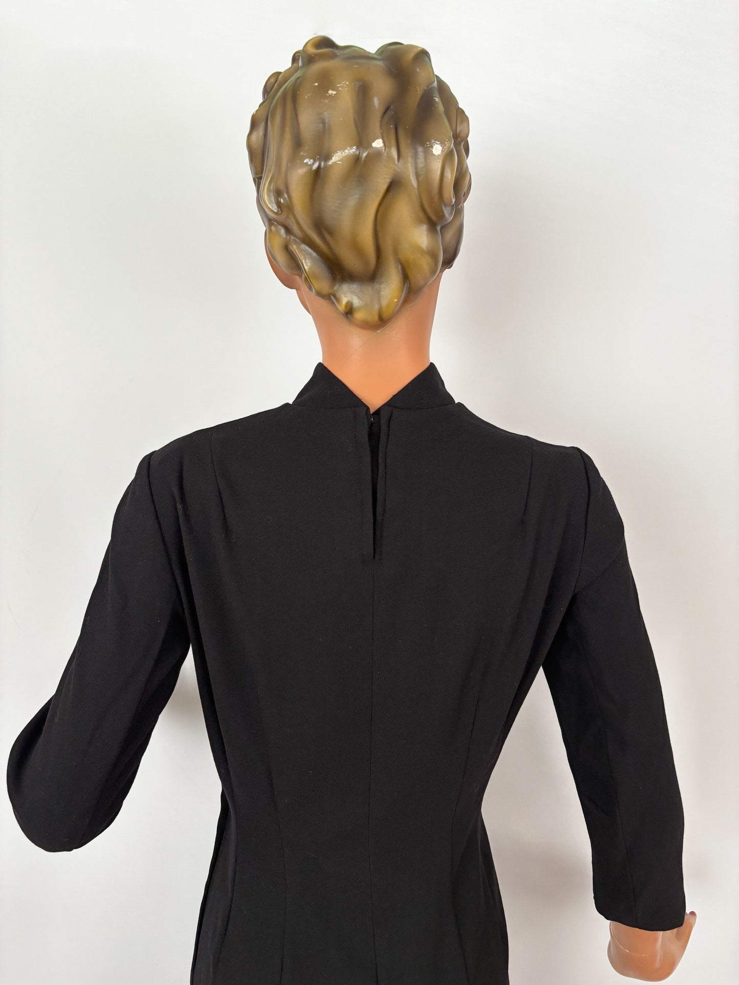 S | 1960s Black Wool Sheath Dress With Stand Collar