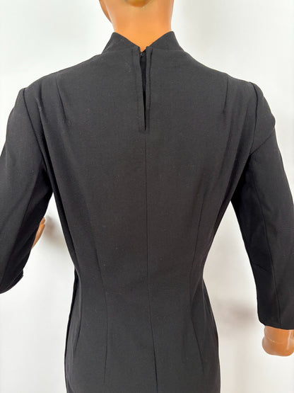 S | 1960s Black Wool Sheath Dress With Stand Collar