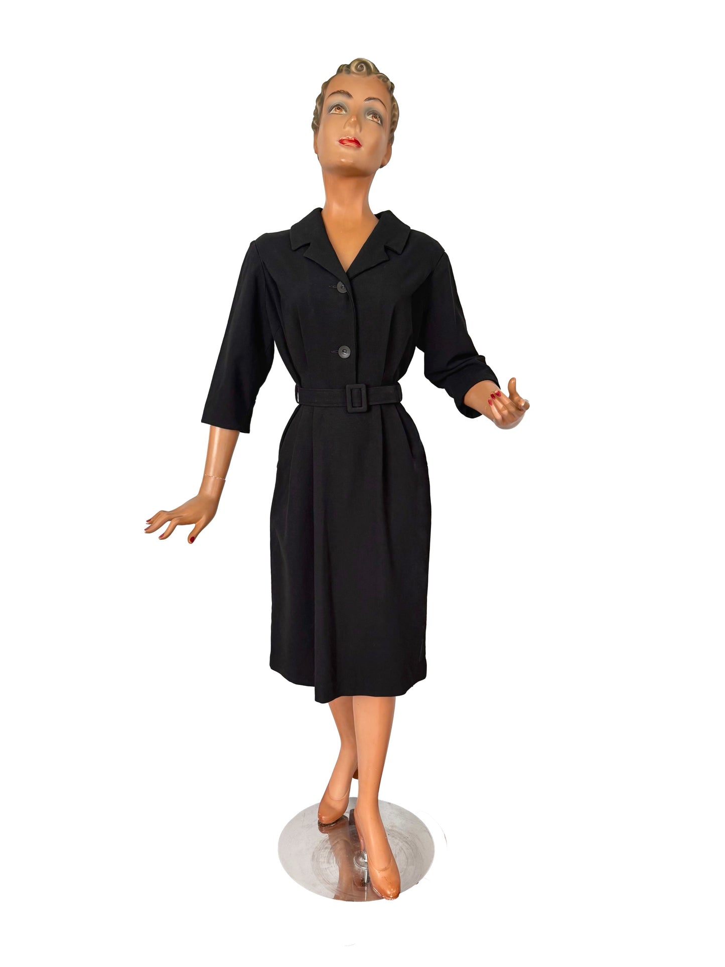 M | 1950s / 1960s Black Wool Dress by Saxia With Revere Collar