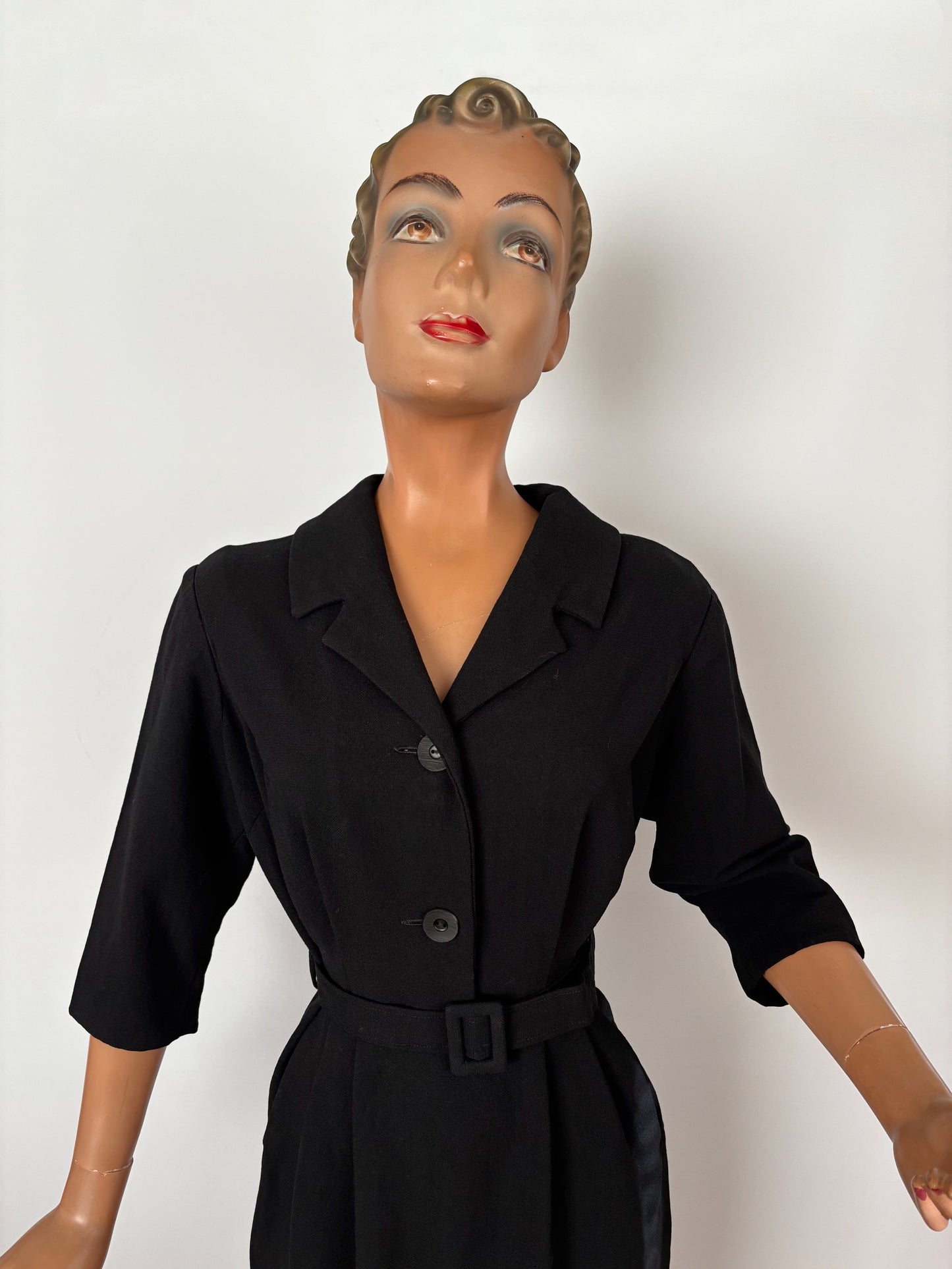 M | 1950s / 1960s Black Wool Dress by Saxia With Revere Collar