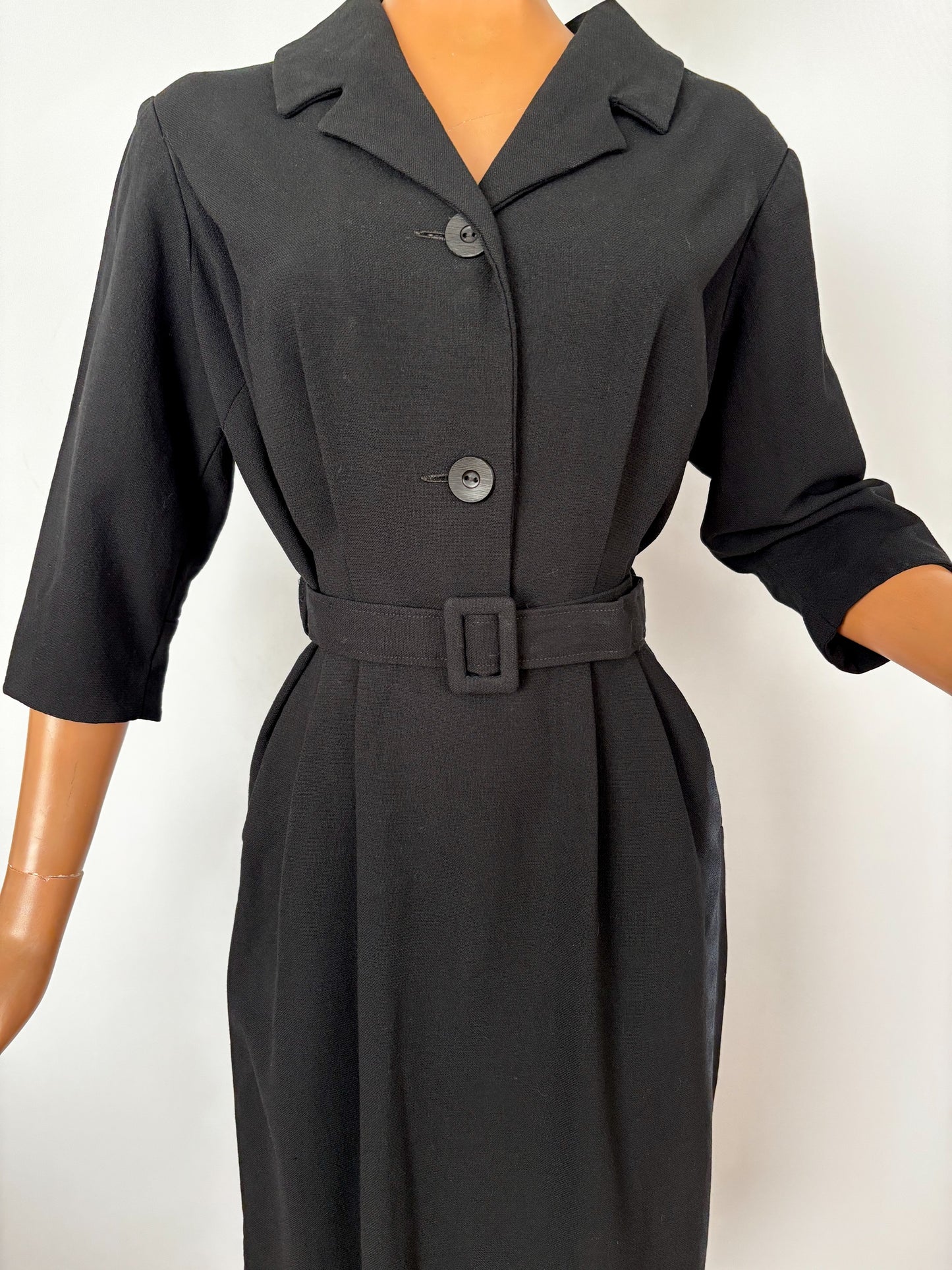 M | 1950s / 1960s Black Wool Dress by Saxia With Revere Collar