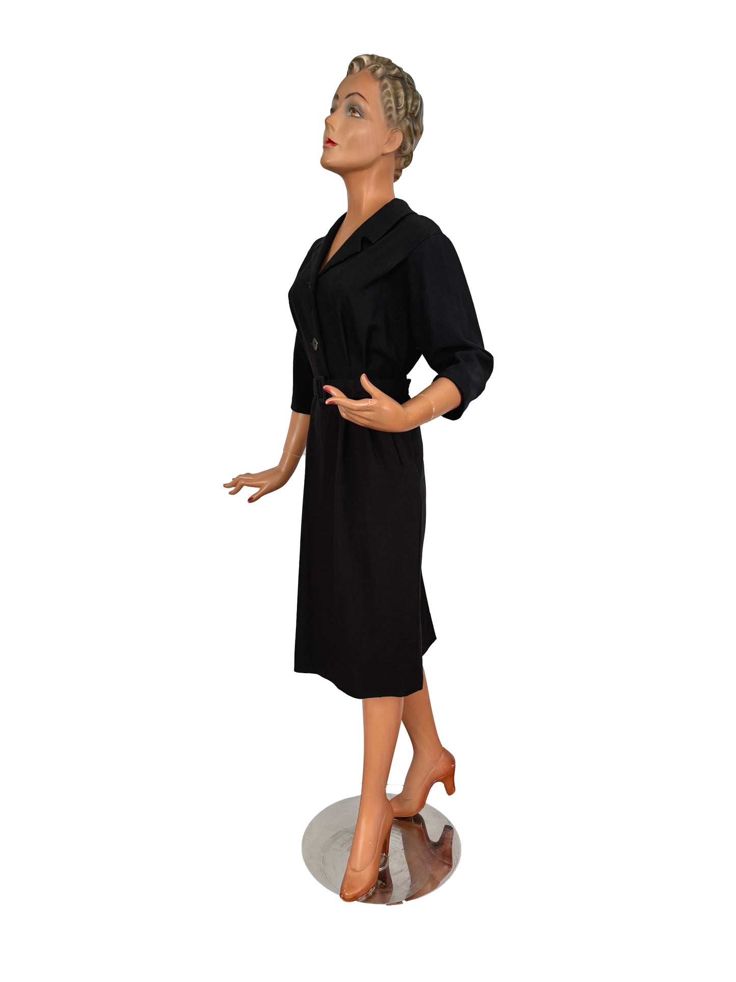 M | 1950s / 1960s Black Wool Dress by Saxia With Revere Collar