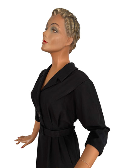 M | 1950s / 1960s Black Wool Dress by Saxia With Revere Collar