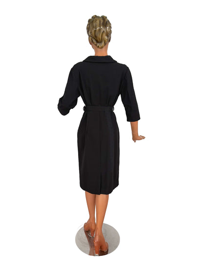 M | 1950s / 1960s Black Wool Dress by Saxia With Revere Collar