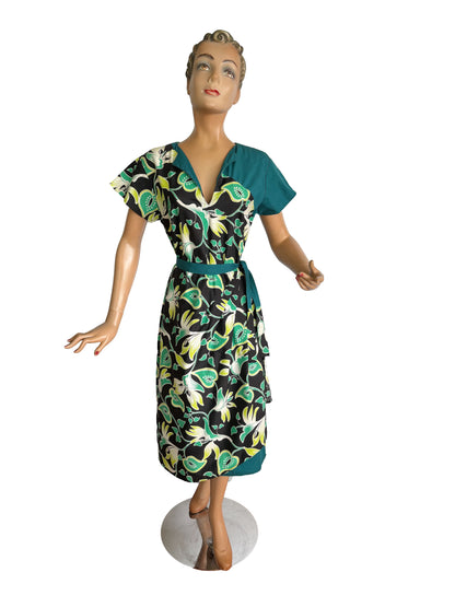 1940s Style Wrap Skirt Dress Vintage Fabric | S