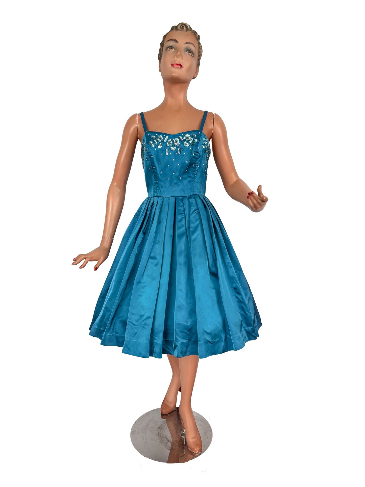 S | 1950s Turquoise Satin Sequined Cocktail Dress