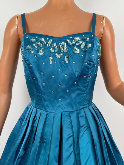 S | 1950s Turquoise Satin Sequined Cocktail Dress