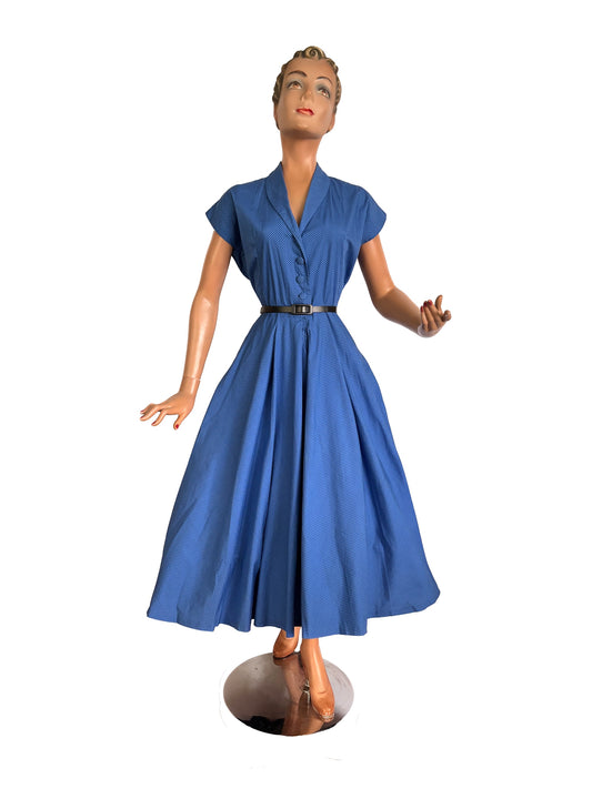 S | 1950s Blue & Black Polka Dot Cotton Shirtwaist Dress