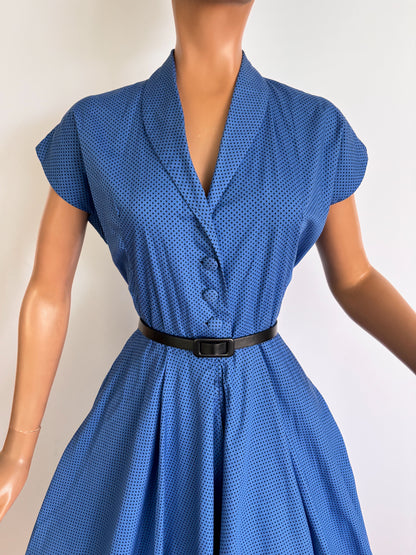 S | 1950s Blue & Black Polka Dot Cotton Shirtwaist Dress