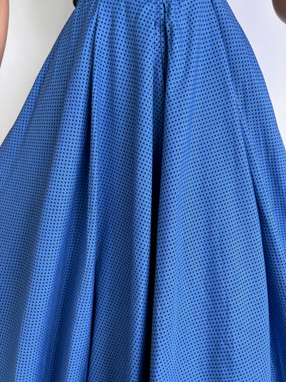 S | 1950s Blue & Black Polka Dot Cotton Shirtwaist Dress