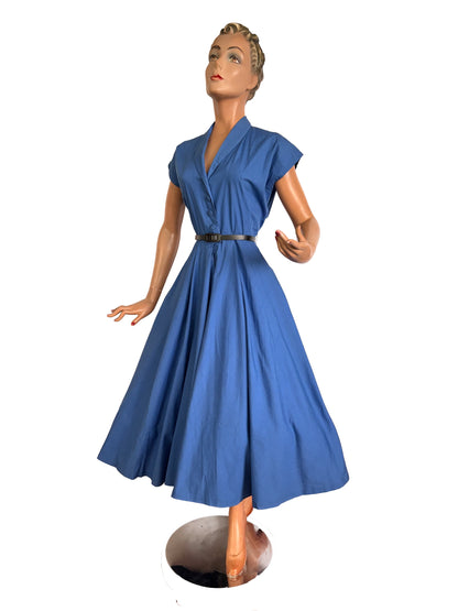 S | 1950s Blue & Black Polka Dot Cotton Shirtwaist Dress