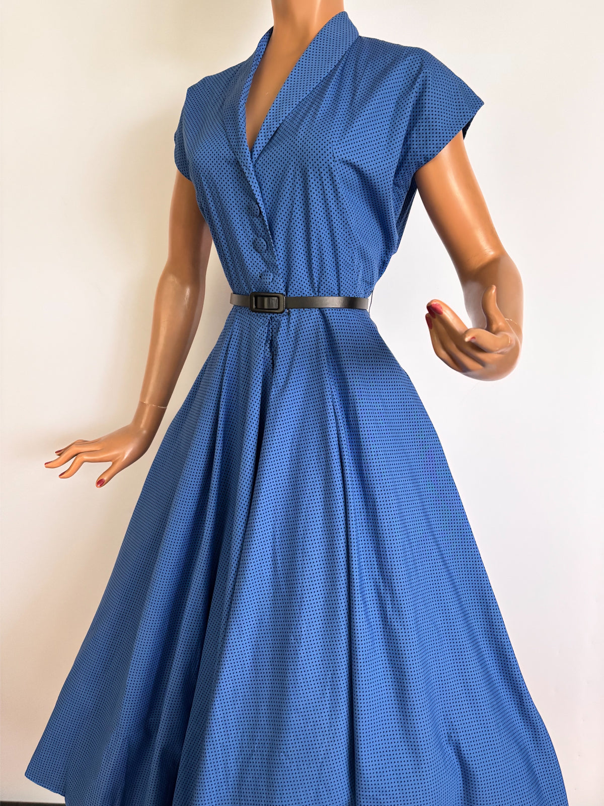 S | 1950s Blue & Black Polka Dot Cotton Shirtwaist Dress