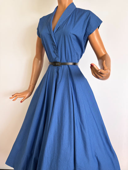 S | 1950s Blue & Black Polka Dot Cotton Shirtwaist Dress