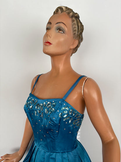S | 1950s Turquoise Satin Sequined Cocktail Dress