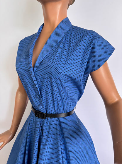 S | 1950s Blue & Black Polka Dot Cotton Shirtwaist Dress
