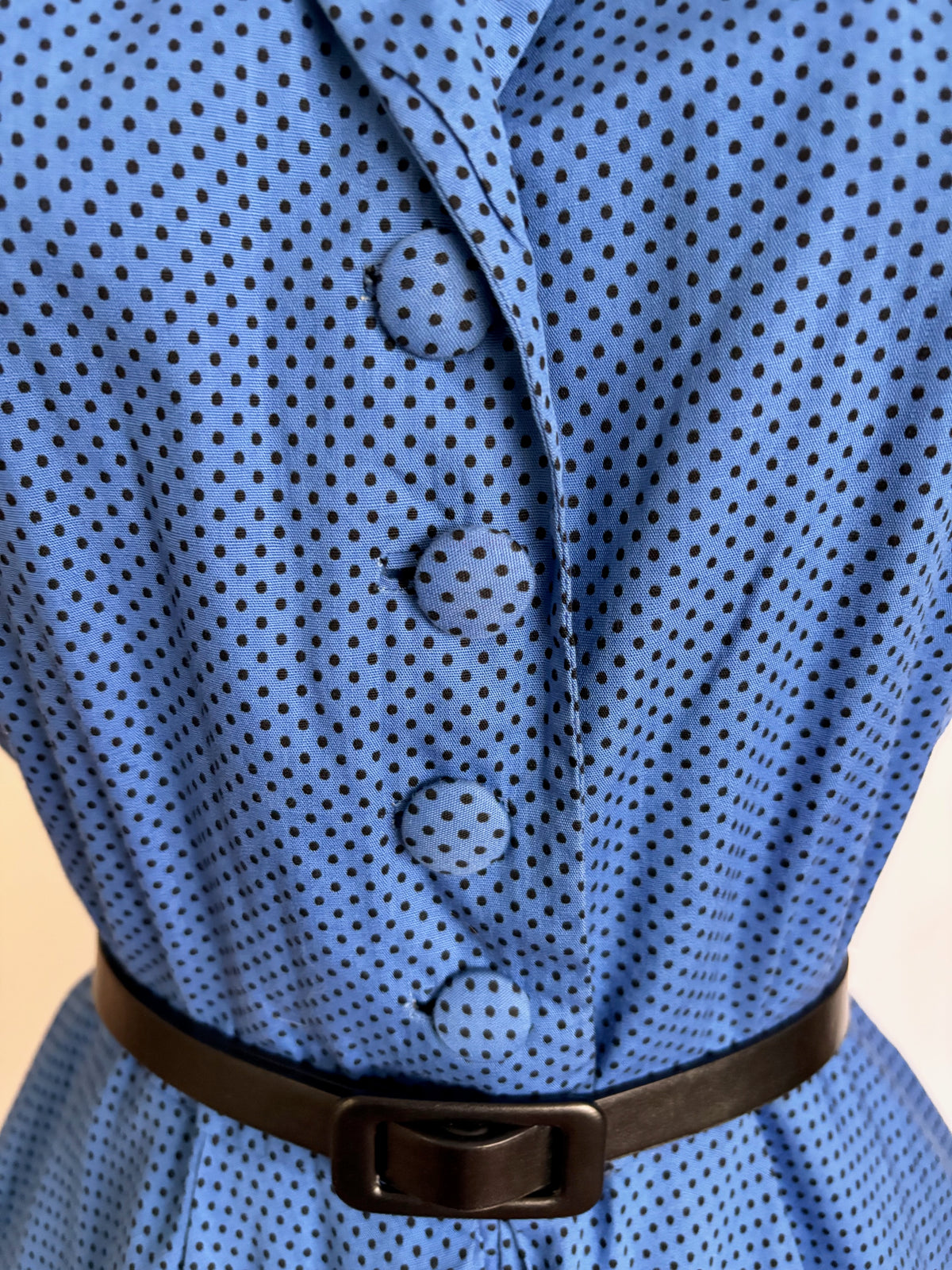 S | 1950s Blue & Black Polka Dot Cotton Shirtwaist Dress