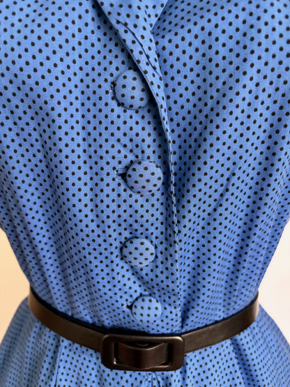 S | 1950s Blue & Black Polka Dot Cotton Shirtwaist Dress