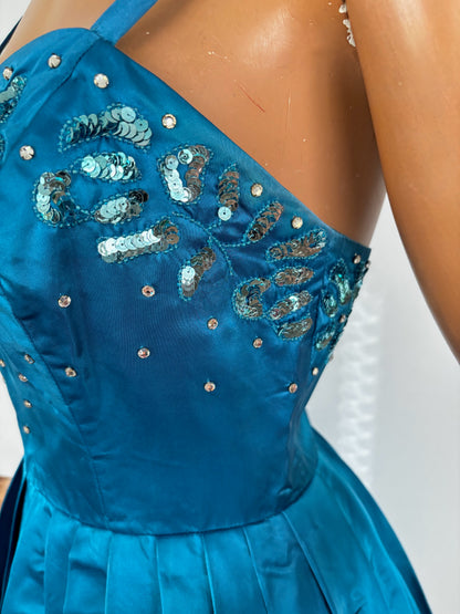 S | 1950s Turquoise Satin Sequined Cocktail Dress