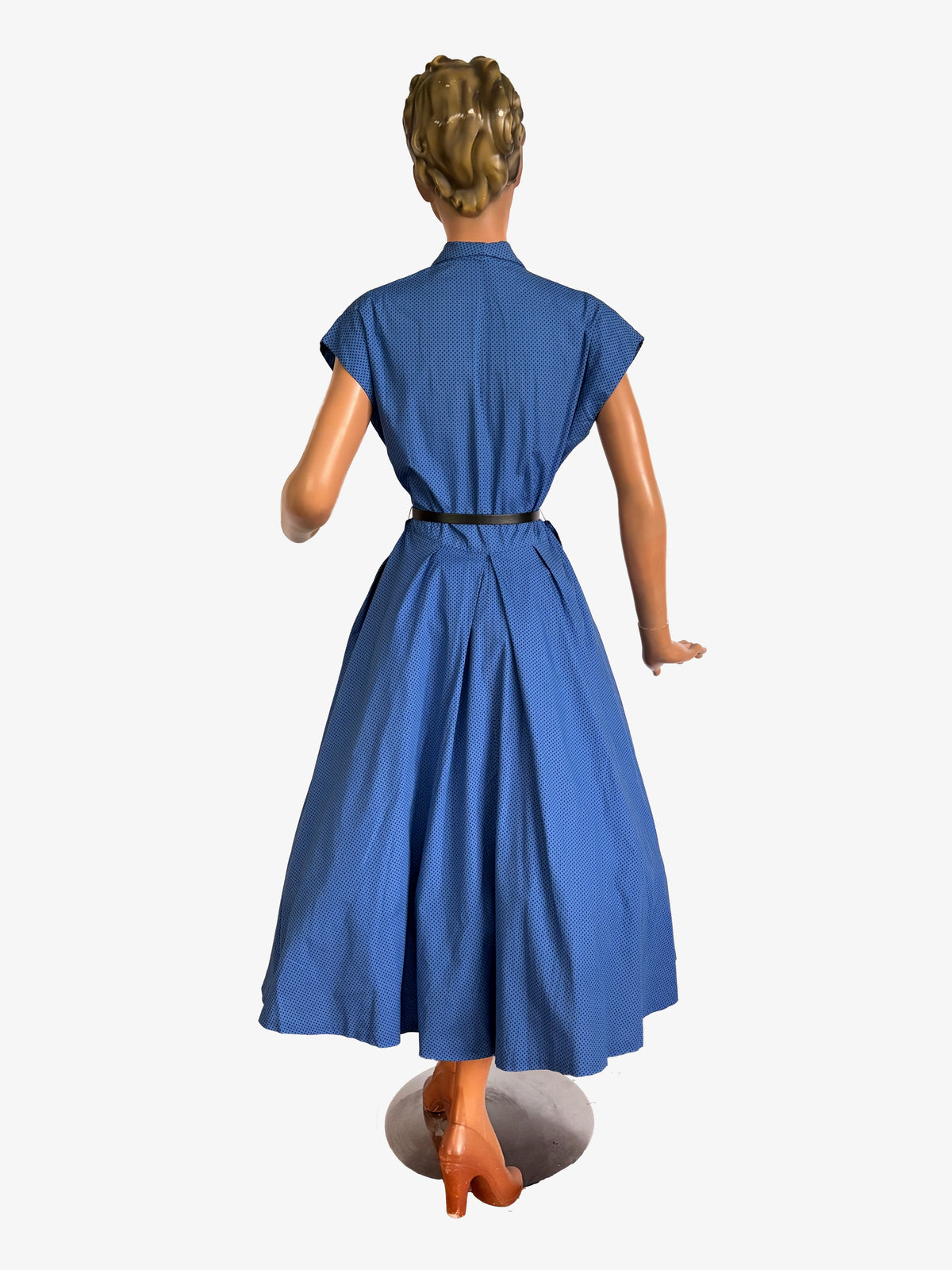 S | 1950s Blue & Black Polka Dot Cotton Shirtwaist Dress