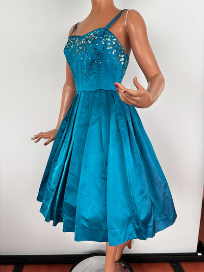 S | 1950s Turquoise Satin Sequined Cocktail Dress