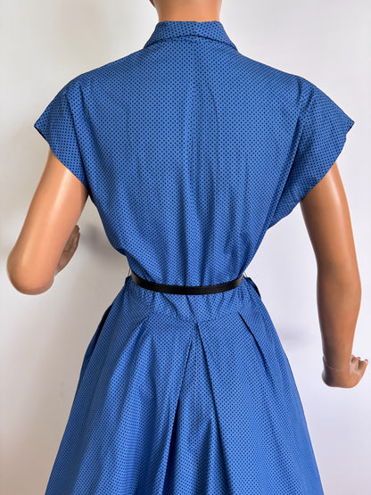 S | 1950s Blue & Black Polka Dot Cotton Shirtwaist Dress