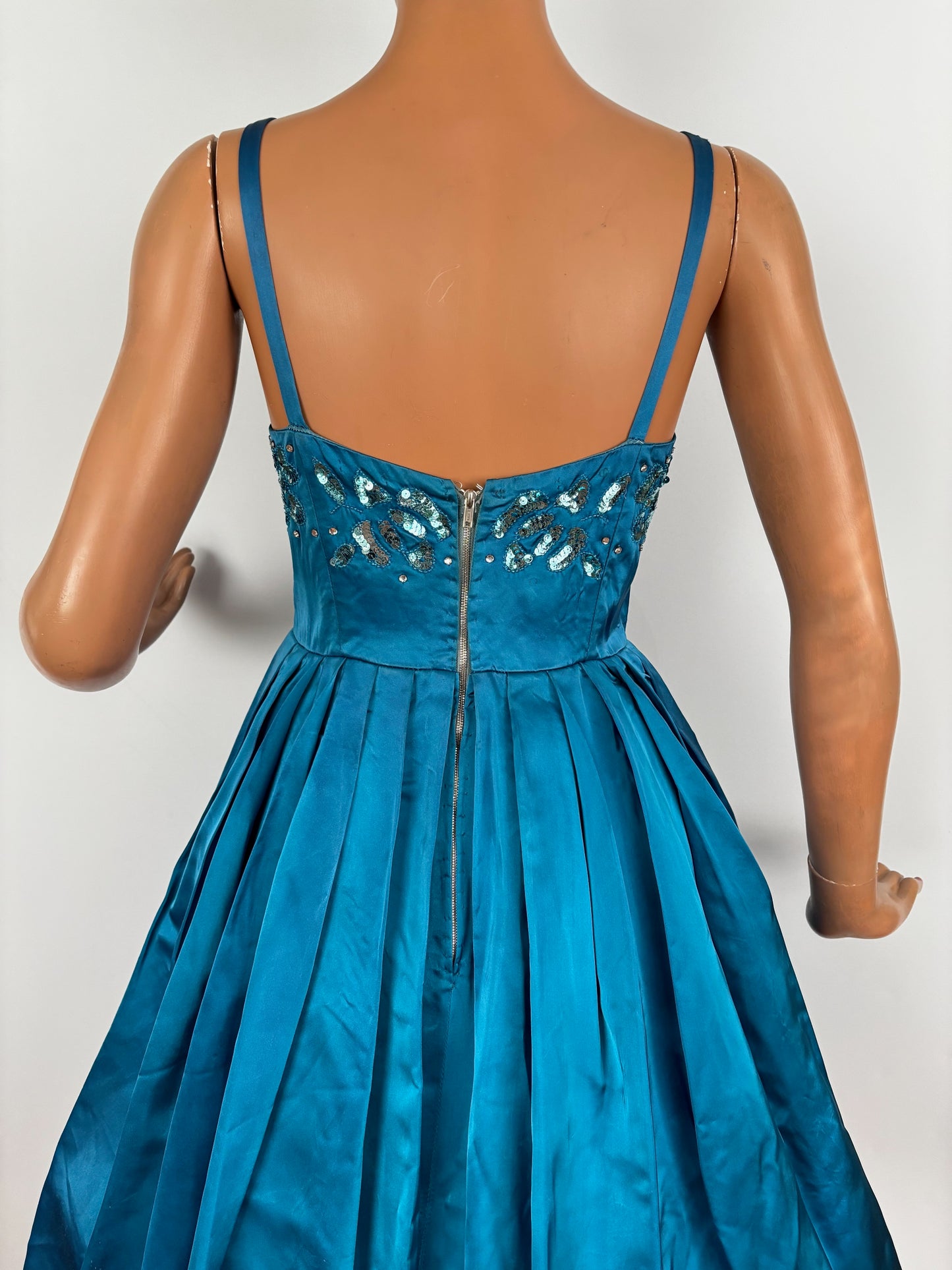 S | 1950s Turquoise Satin Sequined Cocktail Dress