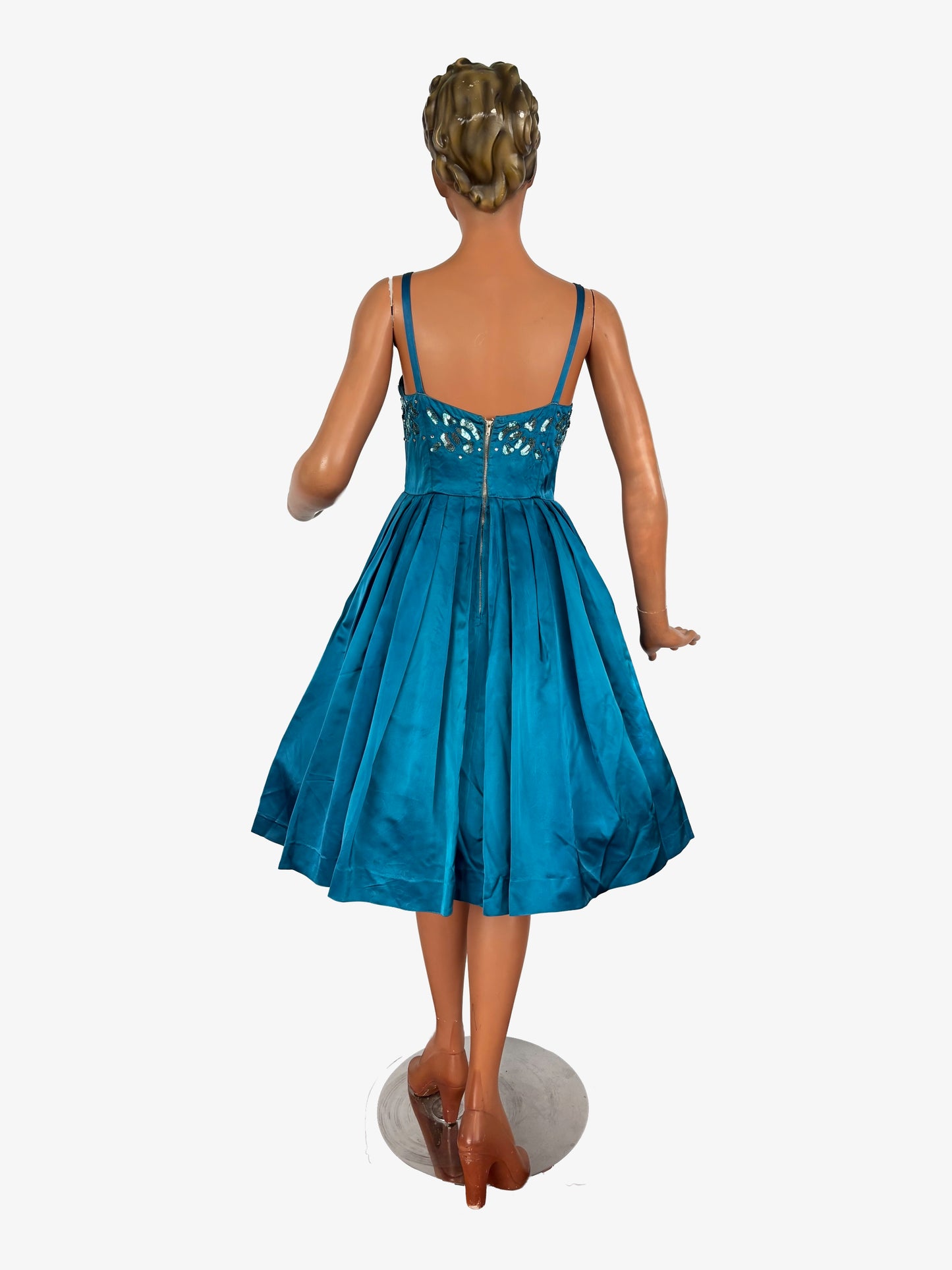 S | 1950s Turquoise Satin Sequined Cocktail Dress