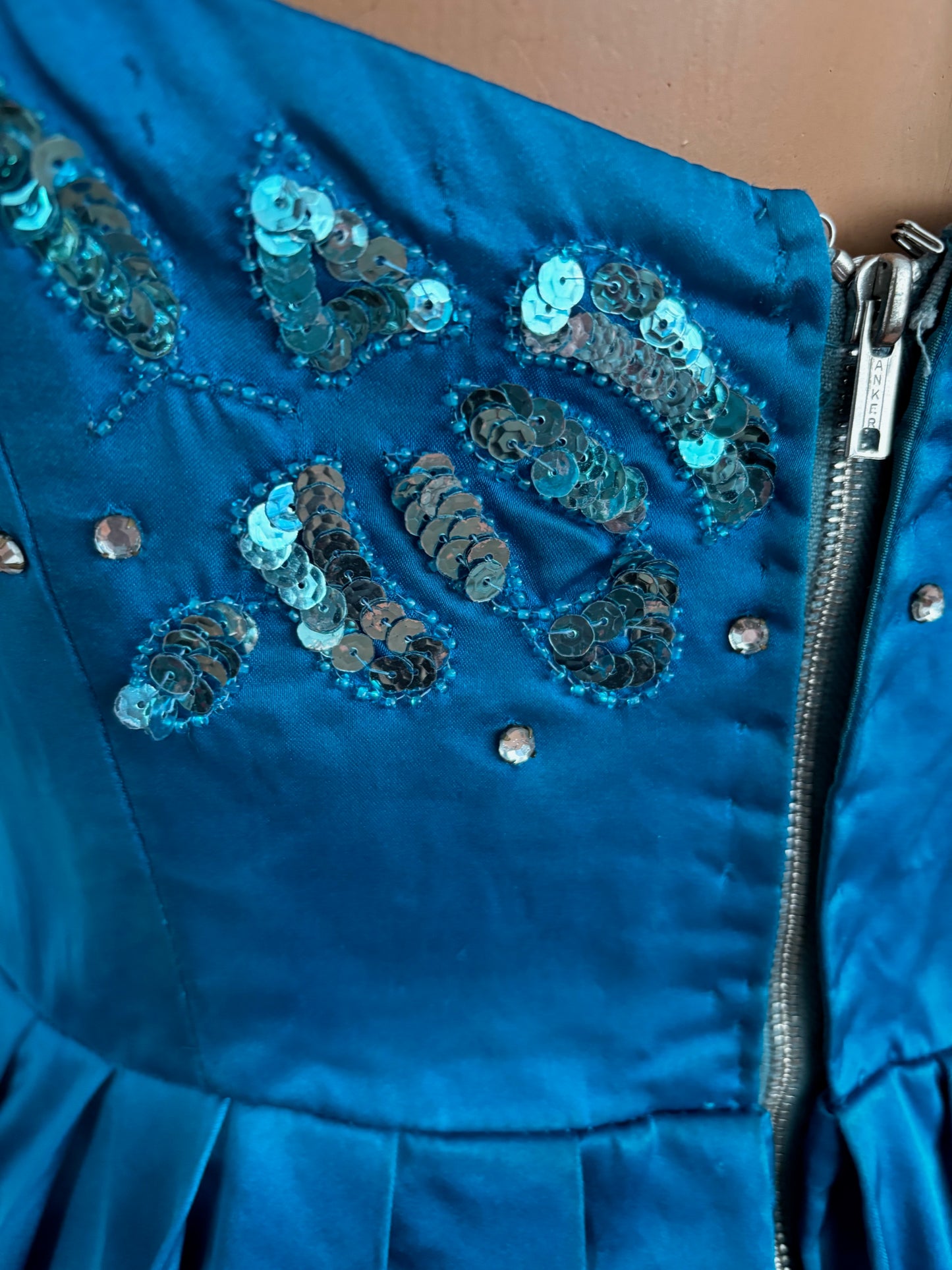 S | 1950s Turquoise Satin Sequined Cocktail Dress