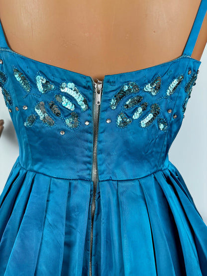 S | 1950s Turquoise Satin Sequined Cocktail Dress