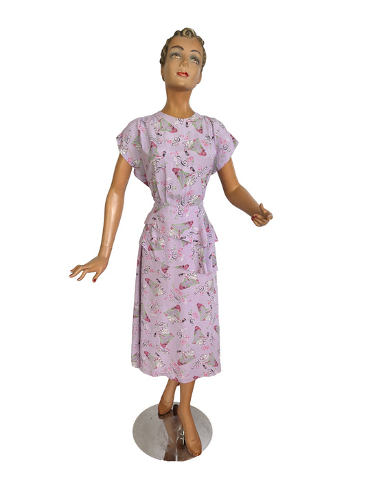 1940s Lilac Rayon Novelty Print Dress | Size Small