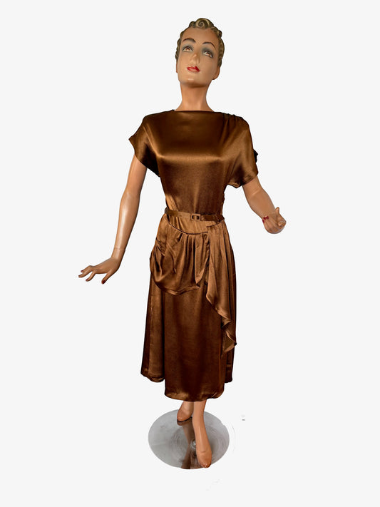 1940s Style Dress Vintage Copper Satin Fabric | Small