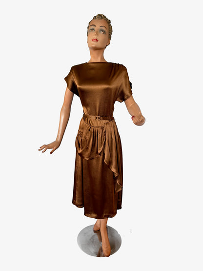 1940s Style Dress Vintage Copper Satin Fabric | Small