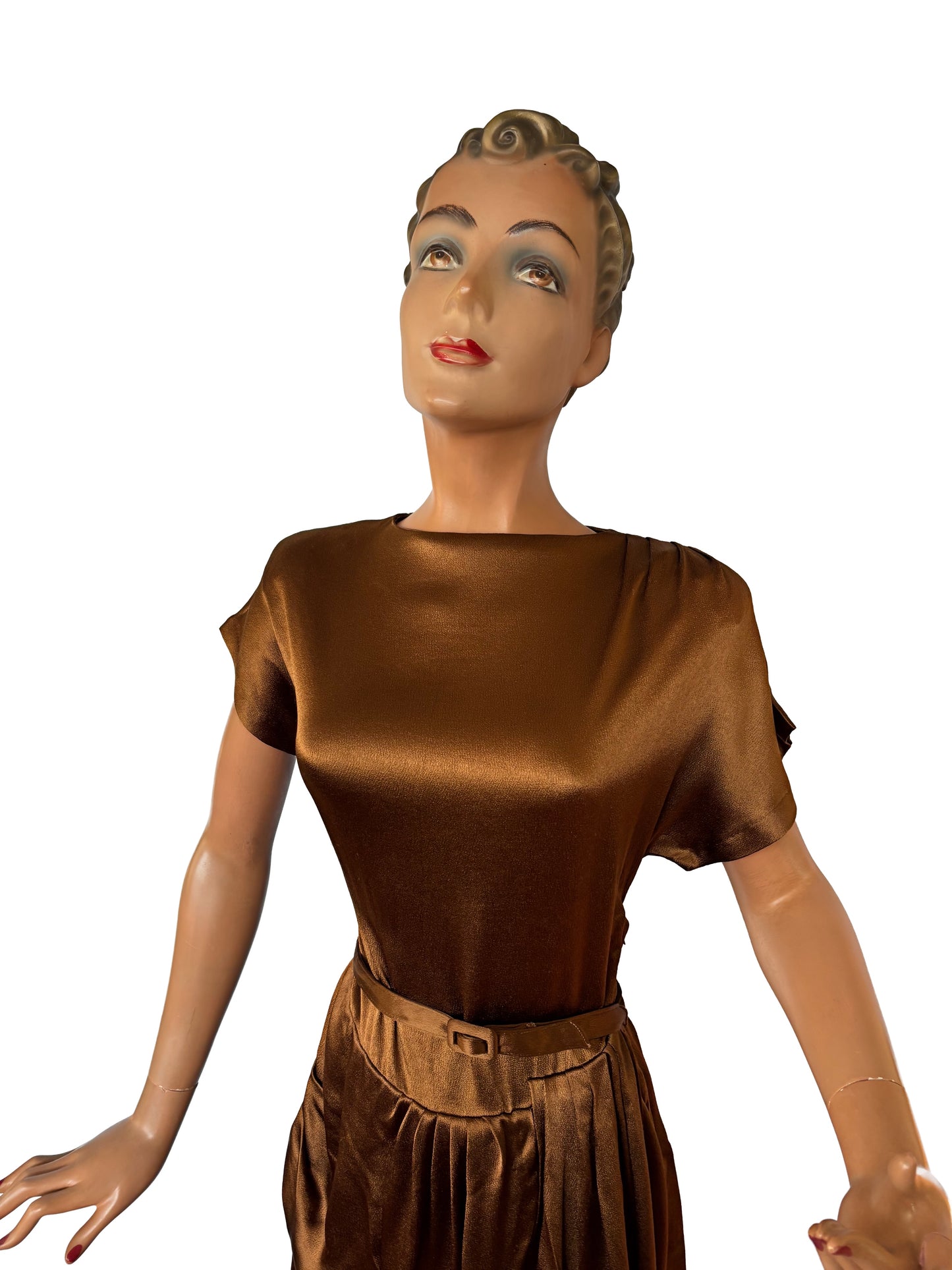 1940s Style Dress Vintage Copper Satin Fabric | Small