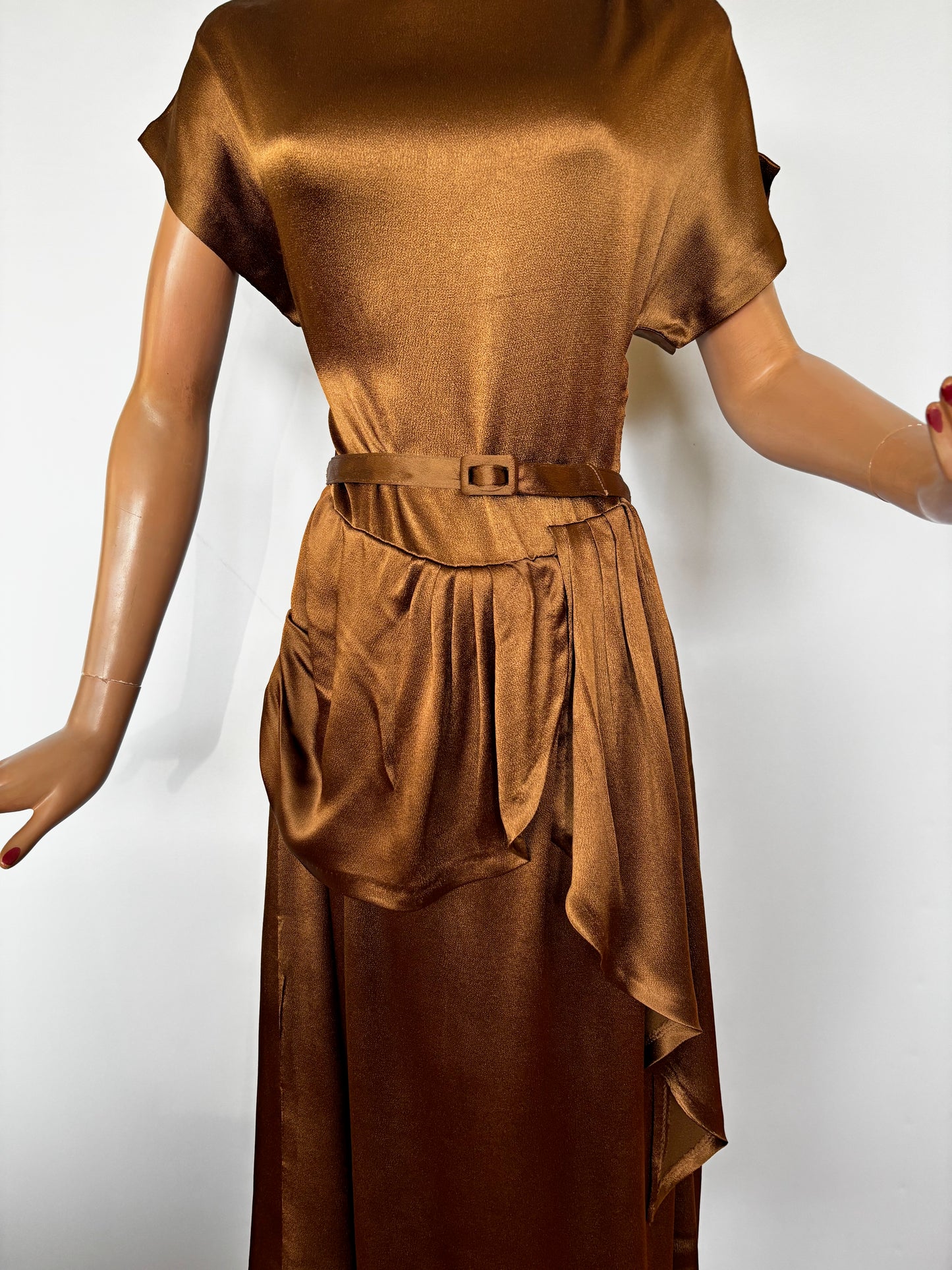 1940s Style Dress Vintage Copper Satin Fabric | Small