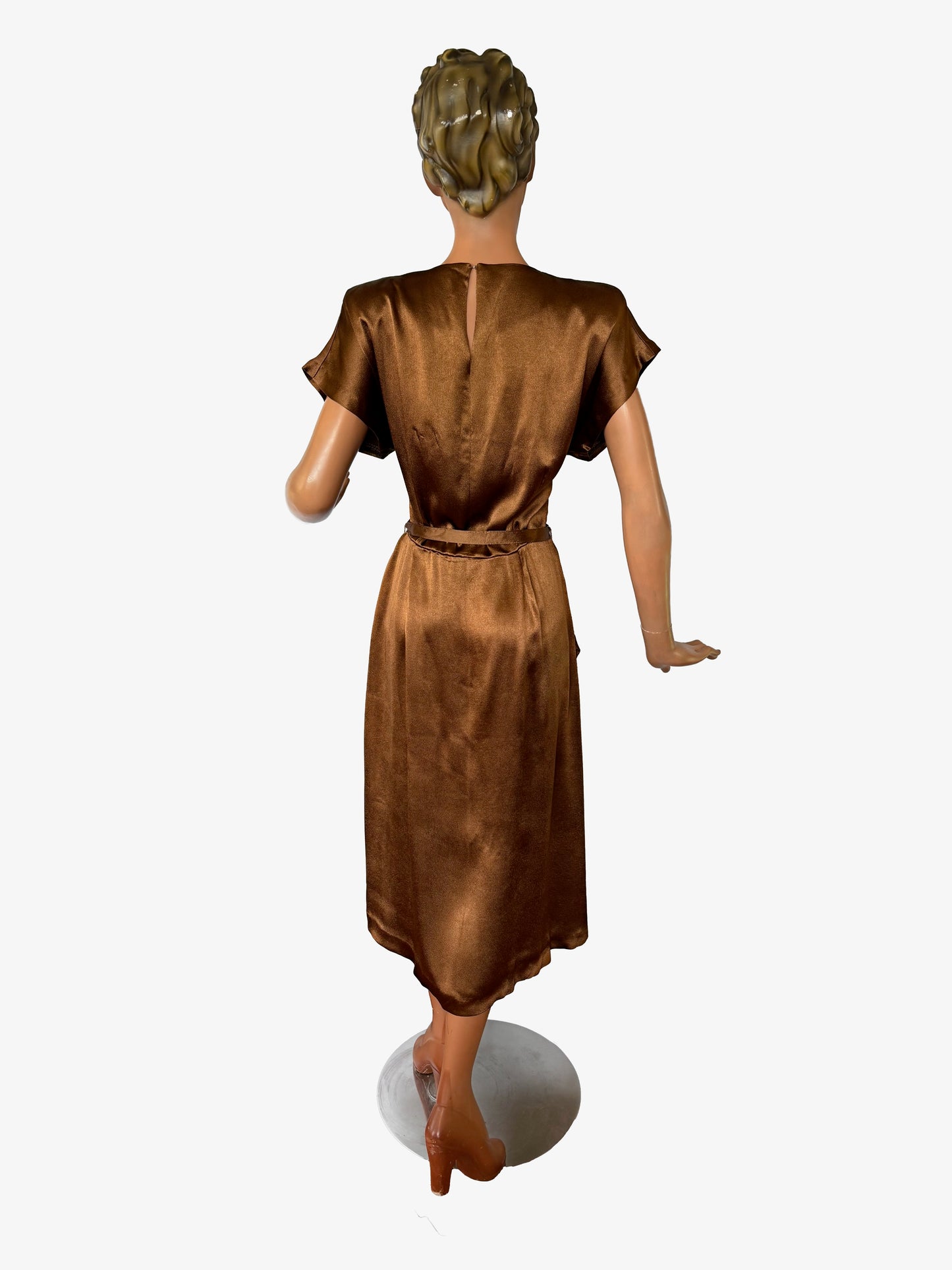 1940s Style Dress Vintage Copper Satin Fabric | Small