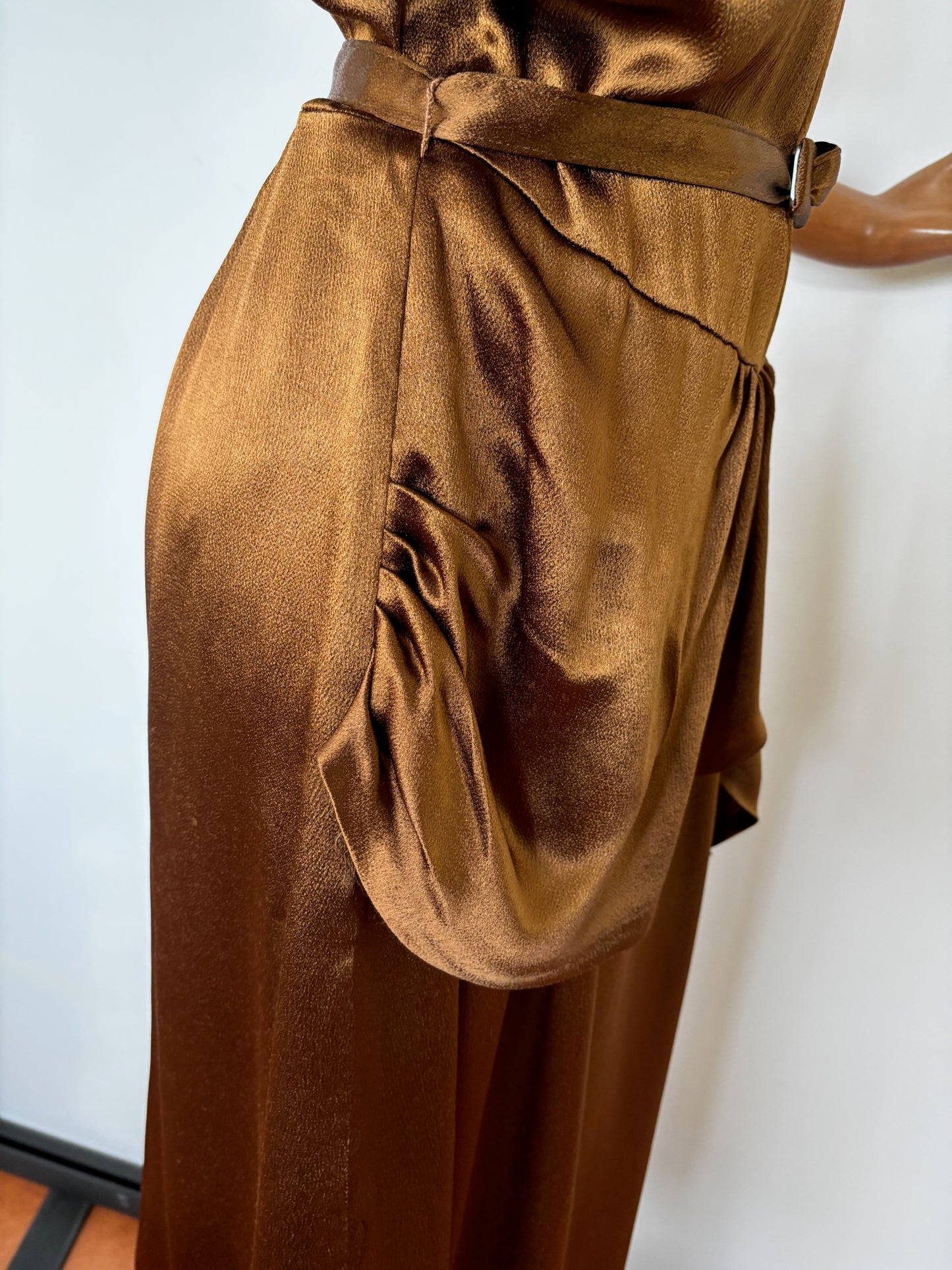1940s Style Dress Vintage Copper Satin Fabric | Small